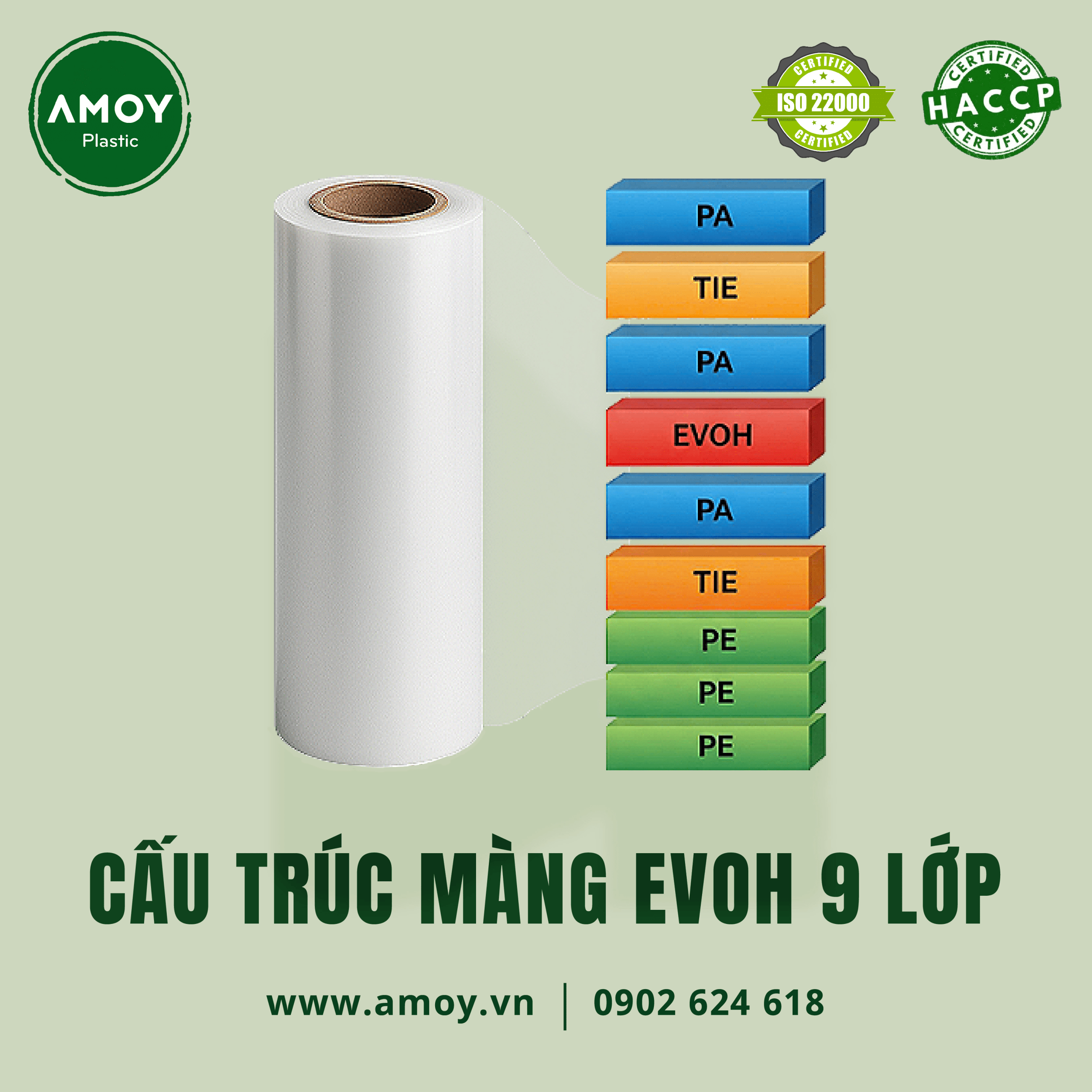Cấu trúc túi hút chân không hạt điều PA 9 lớp có chứa EVOH